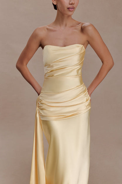 Sarah Strapless Maxi Dress With Waist Tie - Lemon