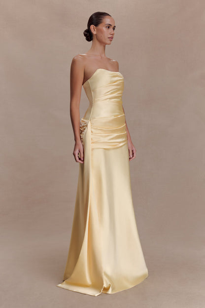 Sarah Strapless Maxi Dress With Waist Tie - Lemon