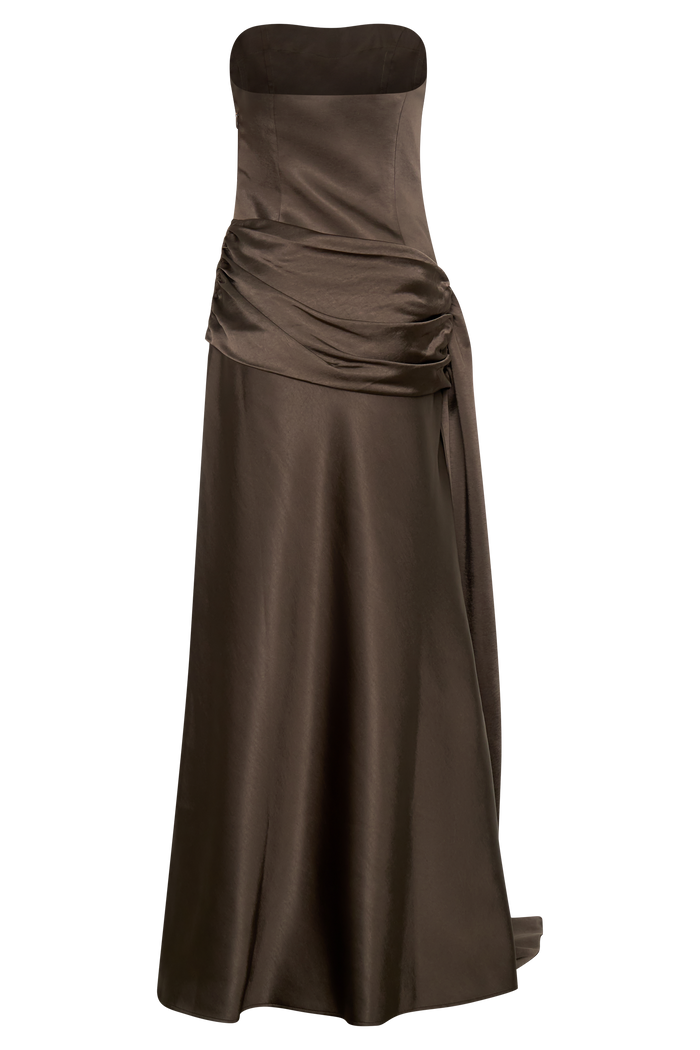Sarah Strapless Maxi Dress With Waist Tie - Mocha