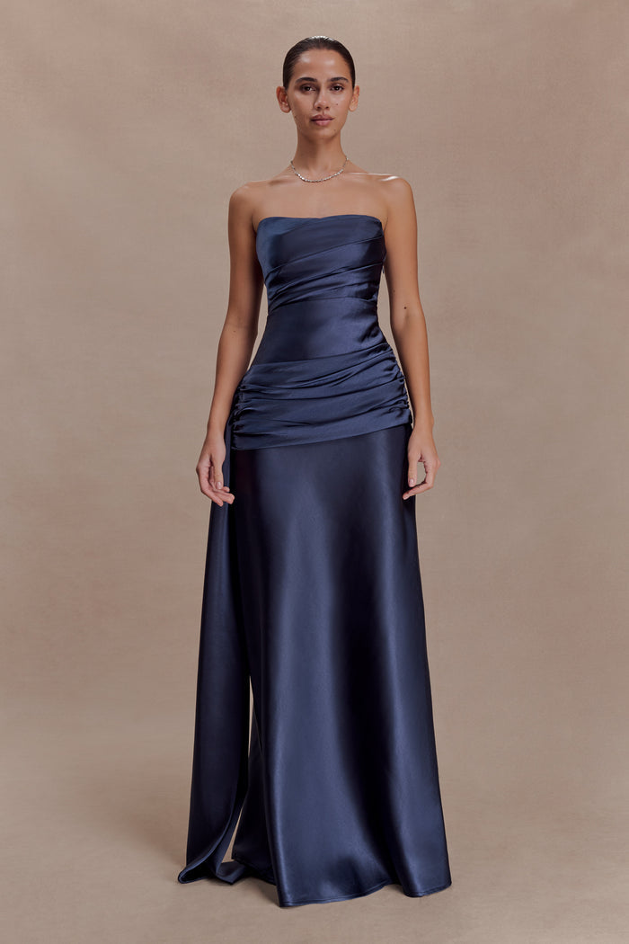 Sarah Strapless Maxi Dress With Waist Tie - Navy