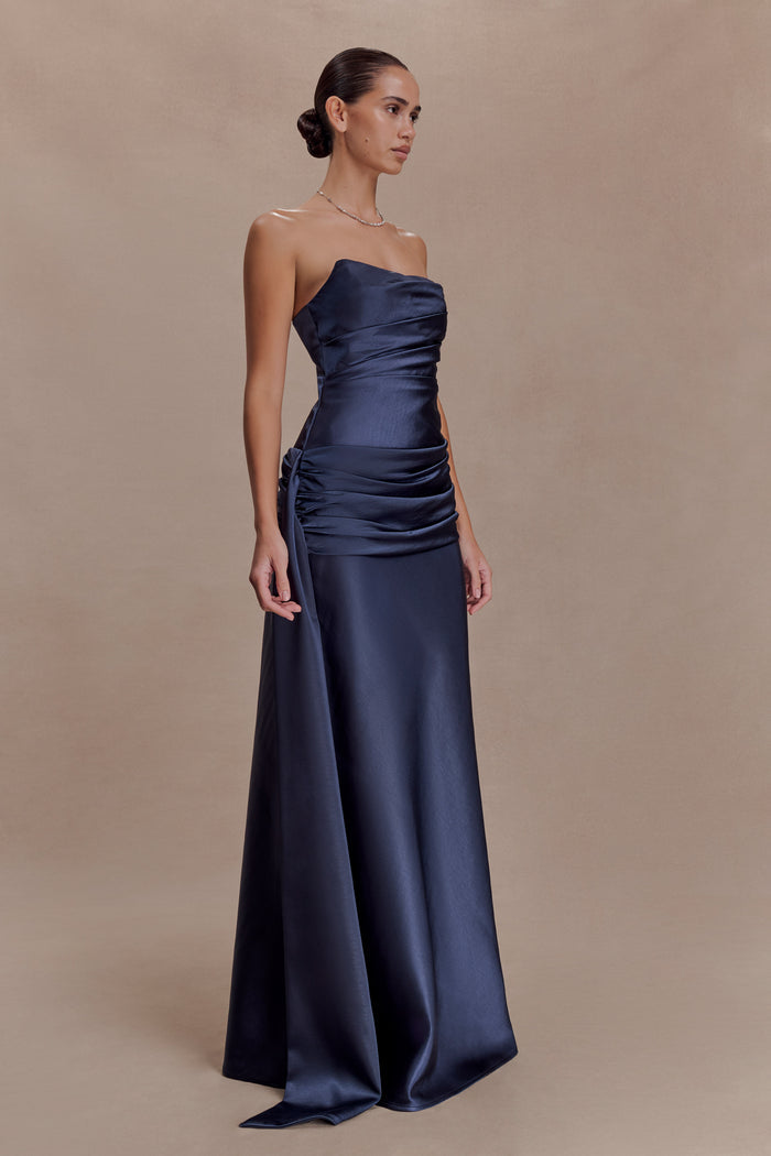 Sarah Strapless Maxi Dress With Waist Tie - Navy