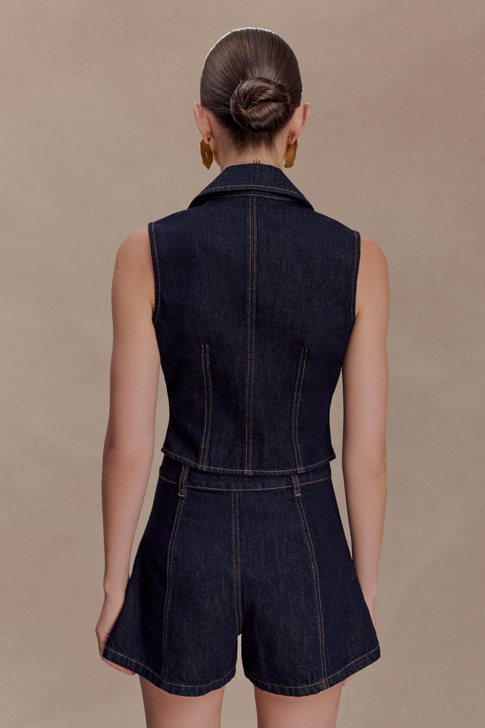 Shona Denim Vest With Decorative Buttons - Washed Indigo Blue