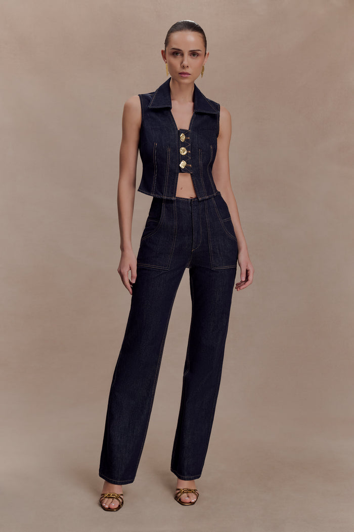 Shona Denim Vest With Decorative Buttons - Washed Indigo Blue