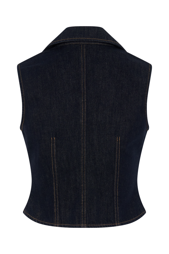 Shona Denim Vest With Decorative Buttons - Washed Indigo Blue