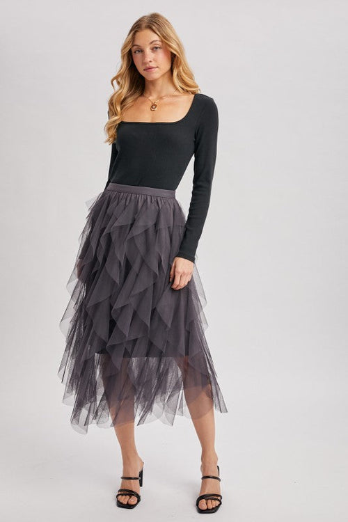 Spiral Ruffled Tulle Midi Skirt