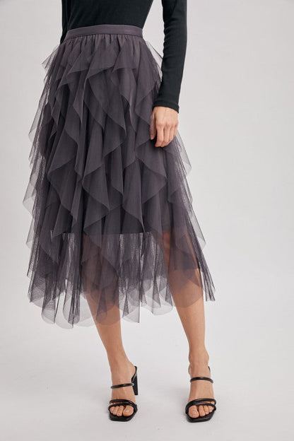 Spiral Ruffled Tulle Midi Skirt