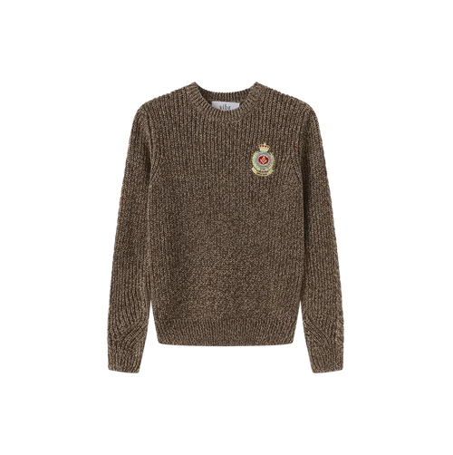top l/s marled knit emblem sweater - brown