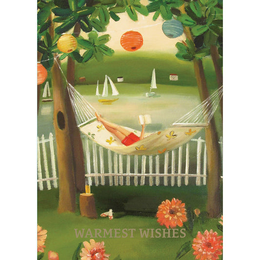 A painterly illustration of a relaxing outdoor summer scene featuring a person reading a book in a hammock with sailboats on a lake in the background.