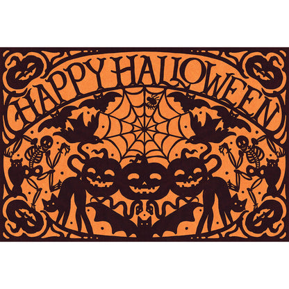 Orange paper placemat that reads Happy Halloween and is surrounded by silhouettes of pumpkins, cats, owls, skulls, spiders & webs.