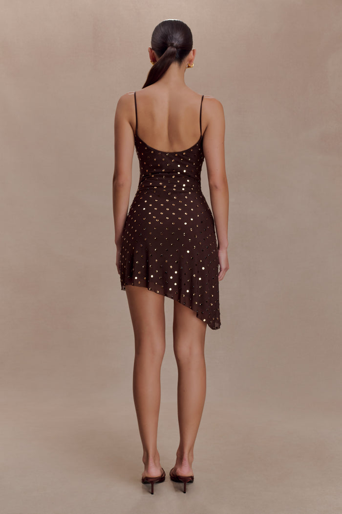 Zahra Diamante Cowl Mini Dress - Chocolate