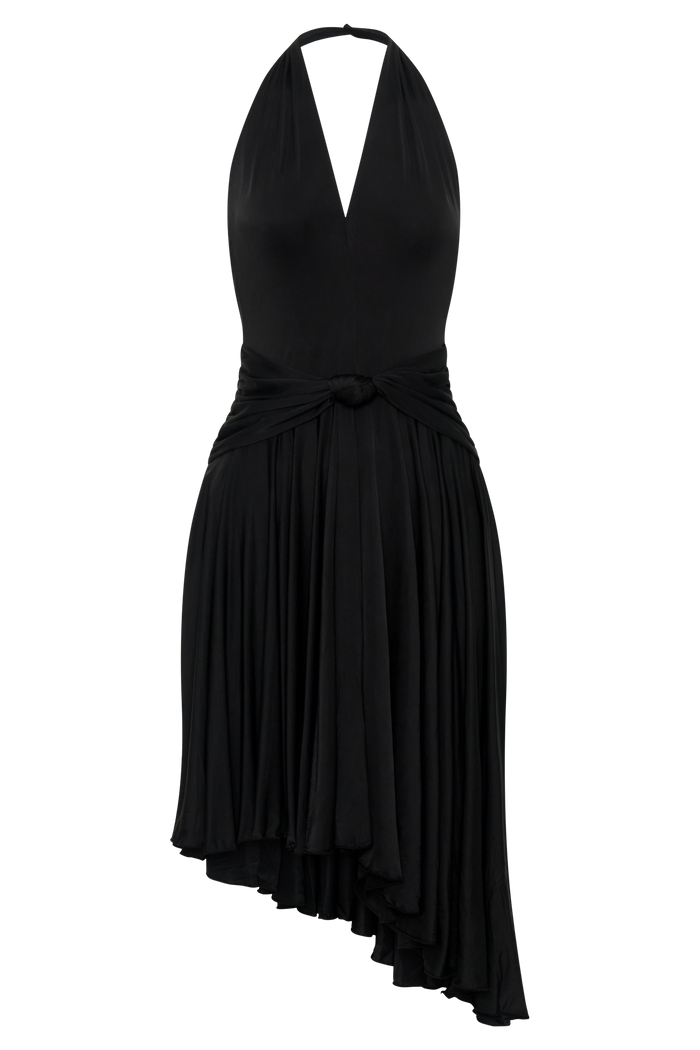 Zelda Asymmetric Slinky Midi Dress - Black
