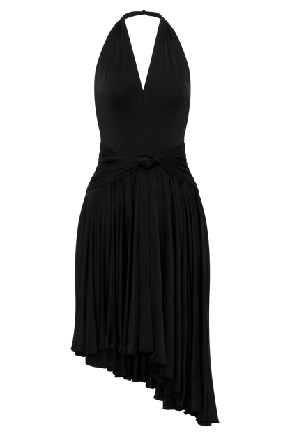 Zelda Asymmetric Slinky Midi Dress - Black